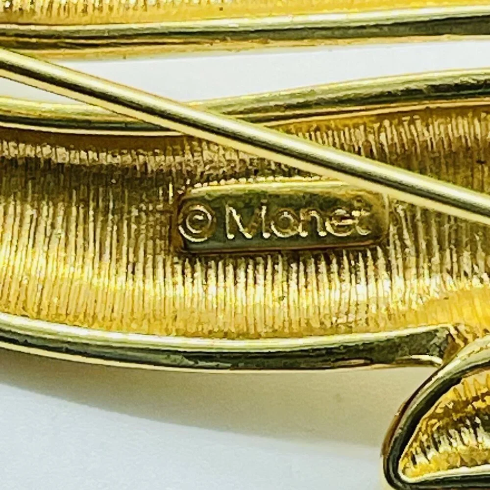 Signed MONET Brooch Gold Tone Abstract Swirl Vintage Designer Costume Jewelry